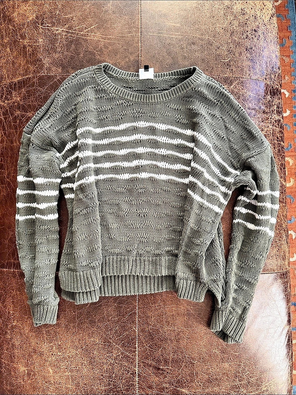 cabi Striped Open Knit Sweater olive Green & White Medium